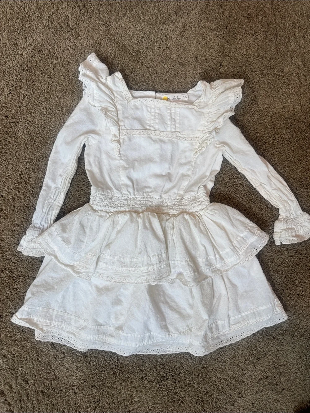 Mini Boden White Ruffle Lace-Trim Long Sleeve Dress with Peplum Skirt
